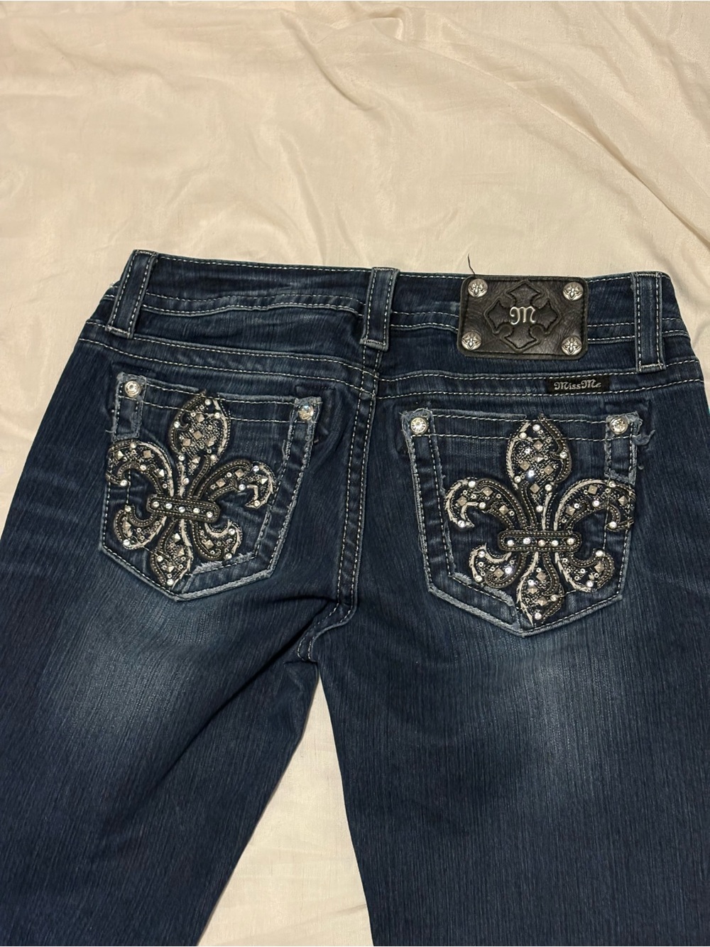 ⁠Miss Me Size 29 Signature Bootcut Fleur de Lis Rhinestone Flap Pocket Jeans